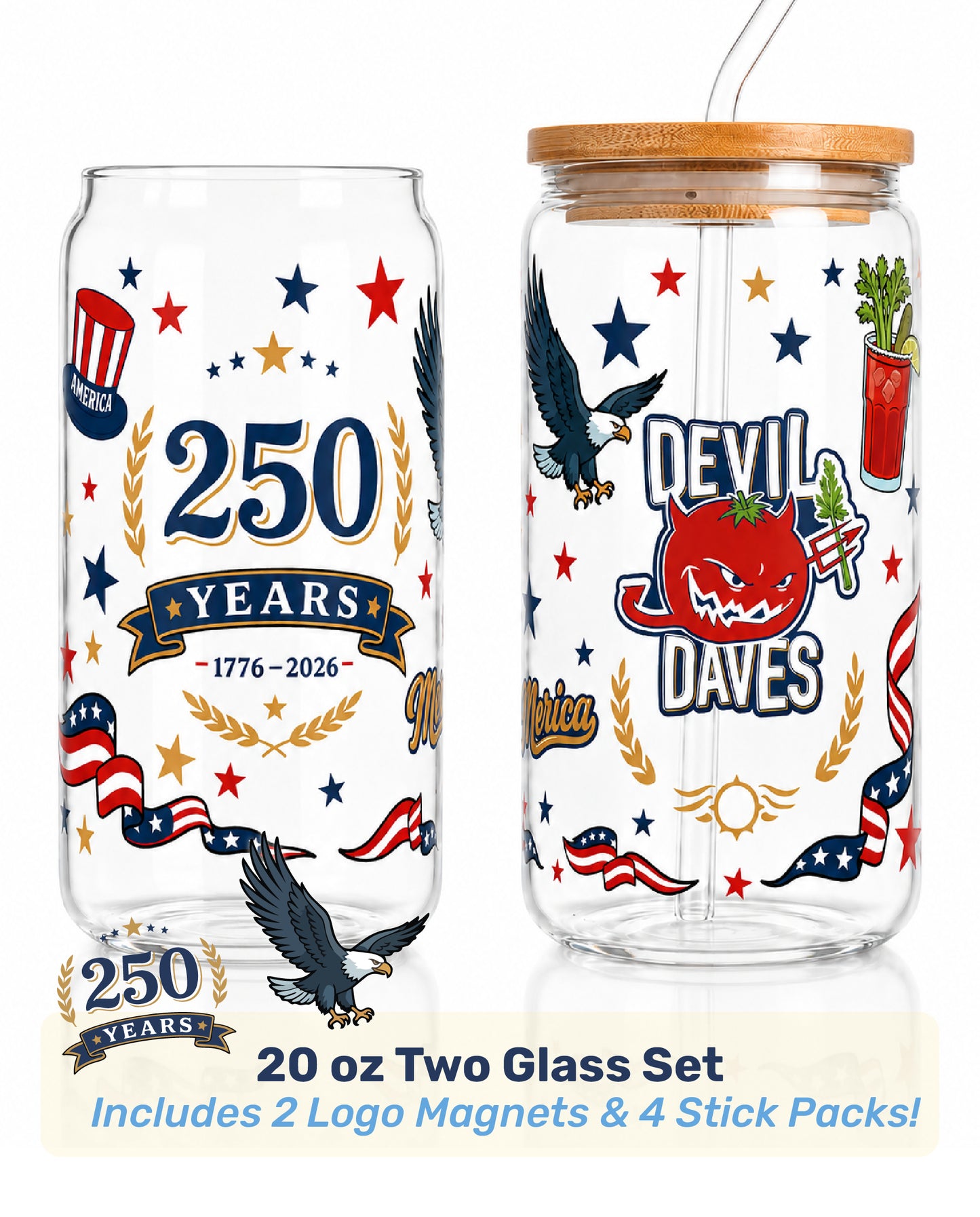 Two glass tumblers with patriotic designs and branding on a white background. collectible glassware from devil daves for the freedom 250 July 4th celebration.
