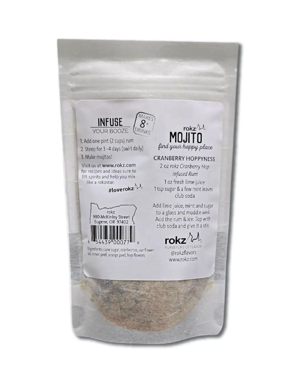 rokz mojito liquor infusion nutrition panel with ingredients on white background