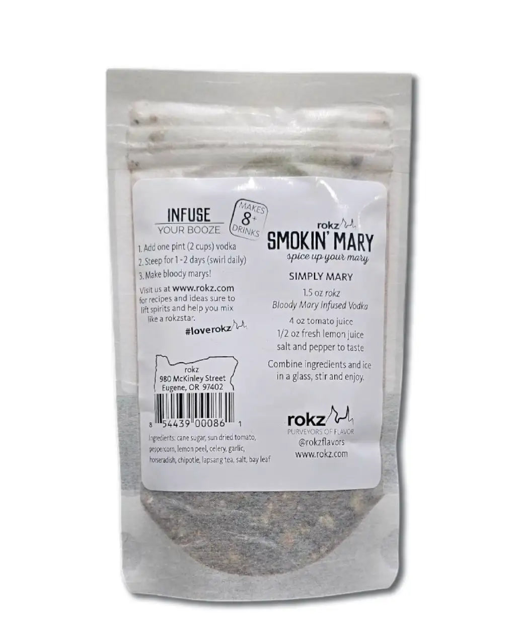 rokz spicy bloody mary liquor infusion nutrition panel with ingredients on white background