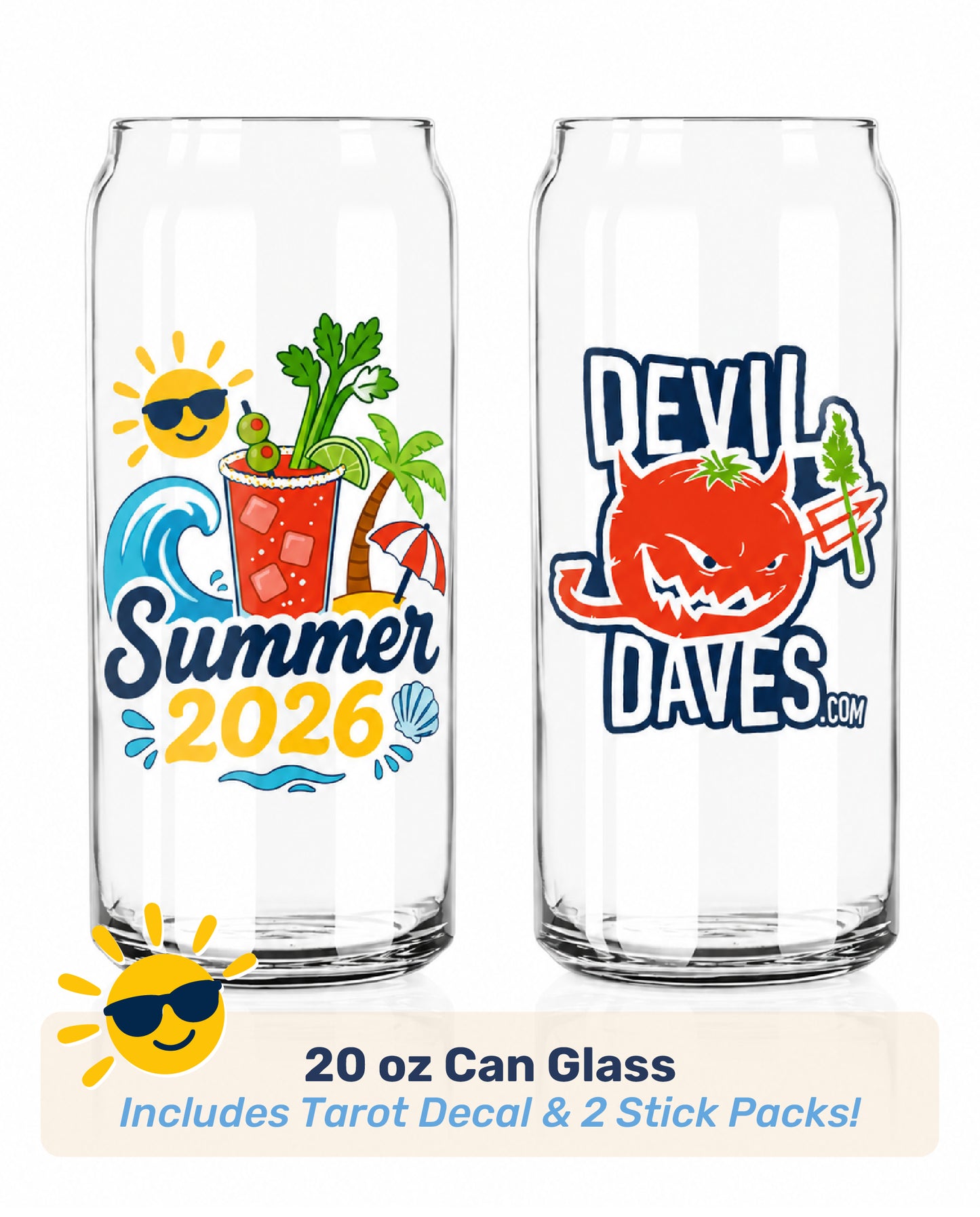Two glass can-shaped glasses with summer designs reading summer 2026 on one side and devil daves logo on the other. collectible glassware from devil daves for summer