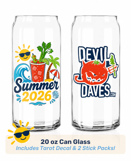 Two glass can-shaped glasses with summer designs reading summer 2026 on one side and devil daves logo on the other. collectible glassware from devil daves for summer