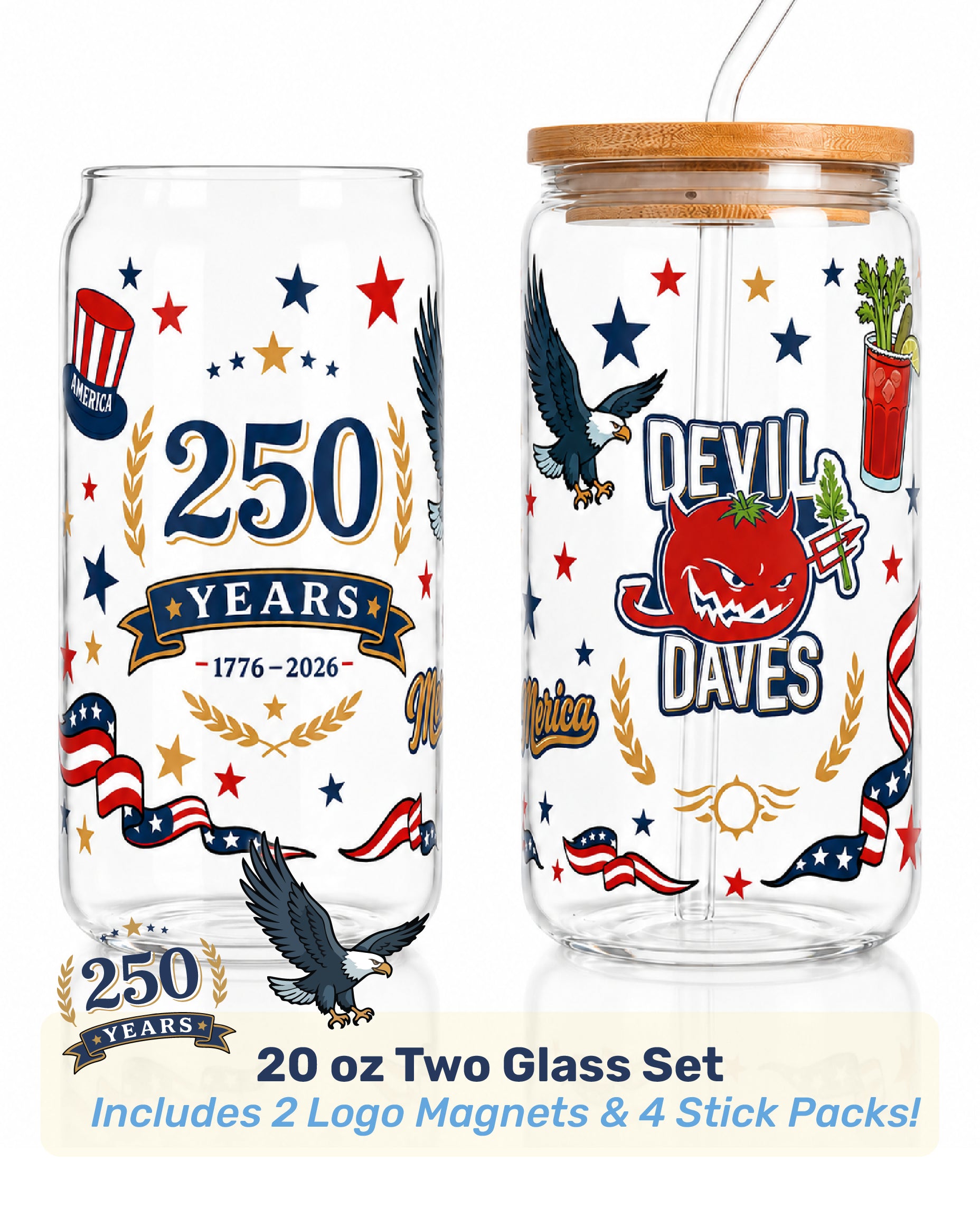 Two glass tumblers with patriotic designs and branding on a white background. collectible glassware from devil daves for the freedom 250 July 4th celebration.