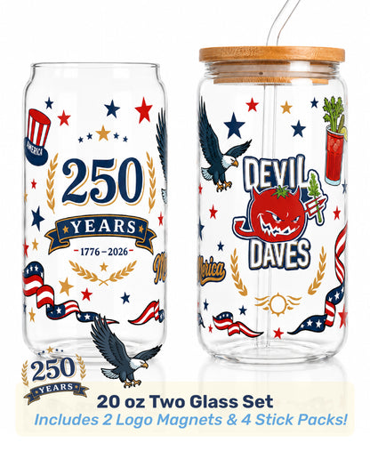 Two glass tumblers with patriotic designs and branding on a white background. collectible glassware from devil daves for the freedom 250 July 4th celebration.