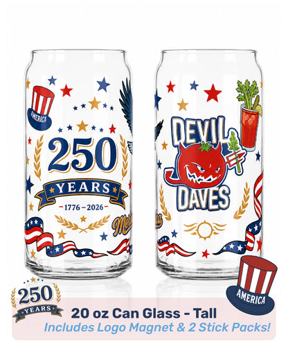 Two glass can-shaped glasses with patriotic designs and text, including 'Devil Daves' and '250 Years'. collectible glassware from devil daves for the freedom 250 July 4th celebration.