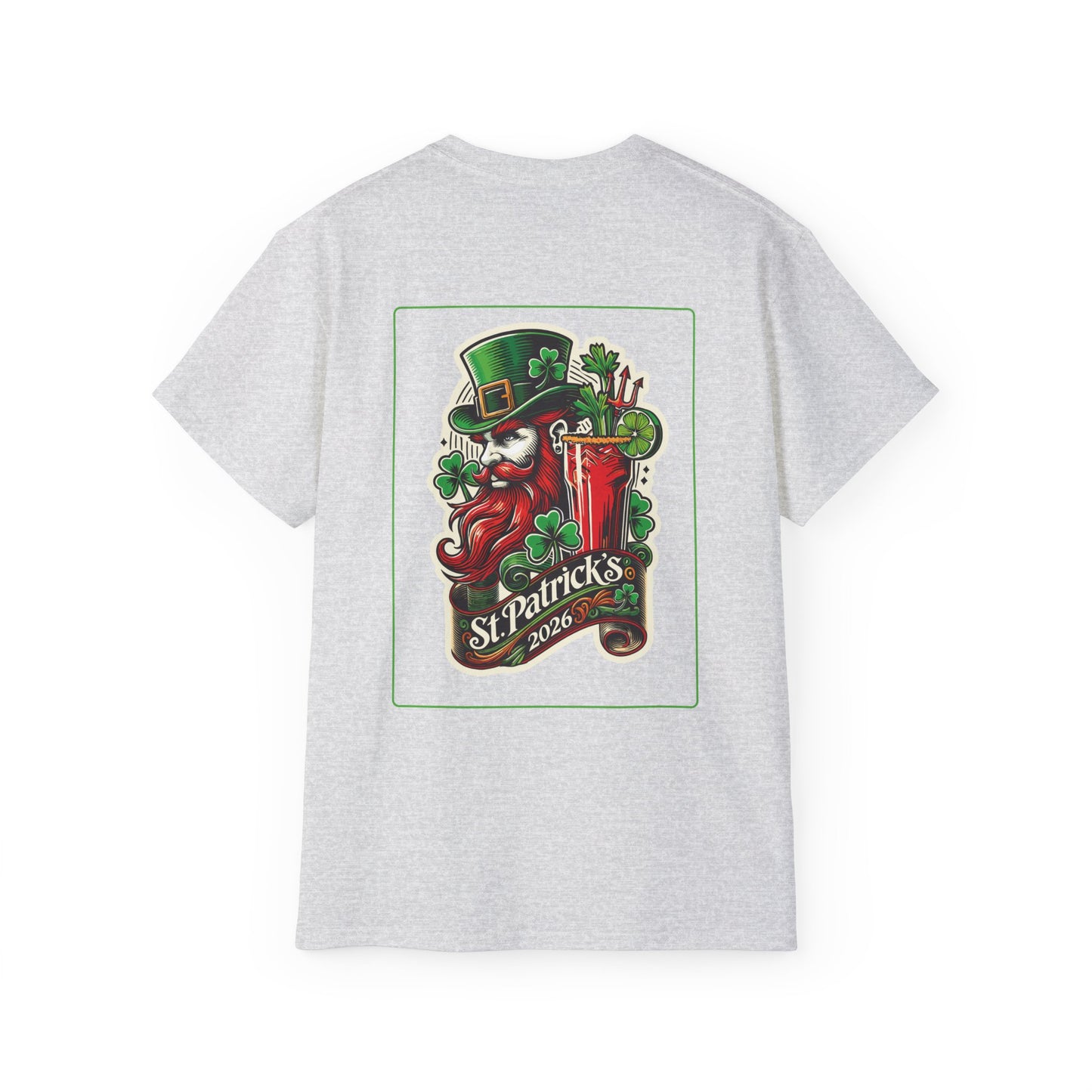 Gray t-shirt with St. Patrick's Day design on the back, featuring a leprechaun and beer glass.