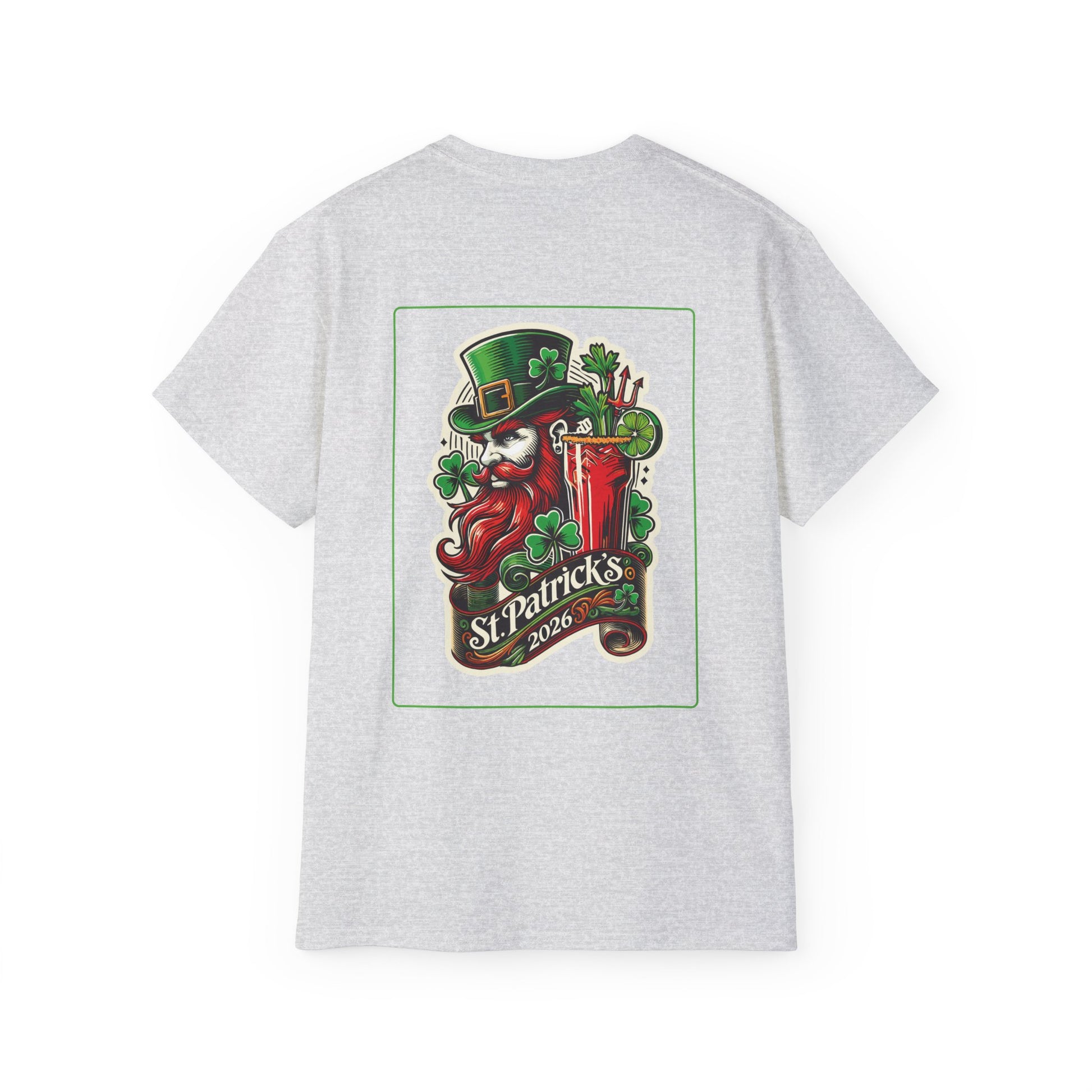 Gray t-shirt with St. Patrick's Day design on the back, featuring a leprechaun and beer glass.