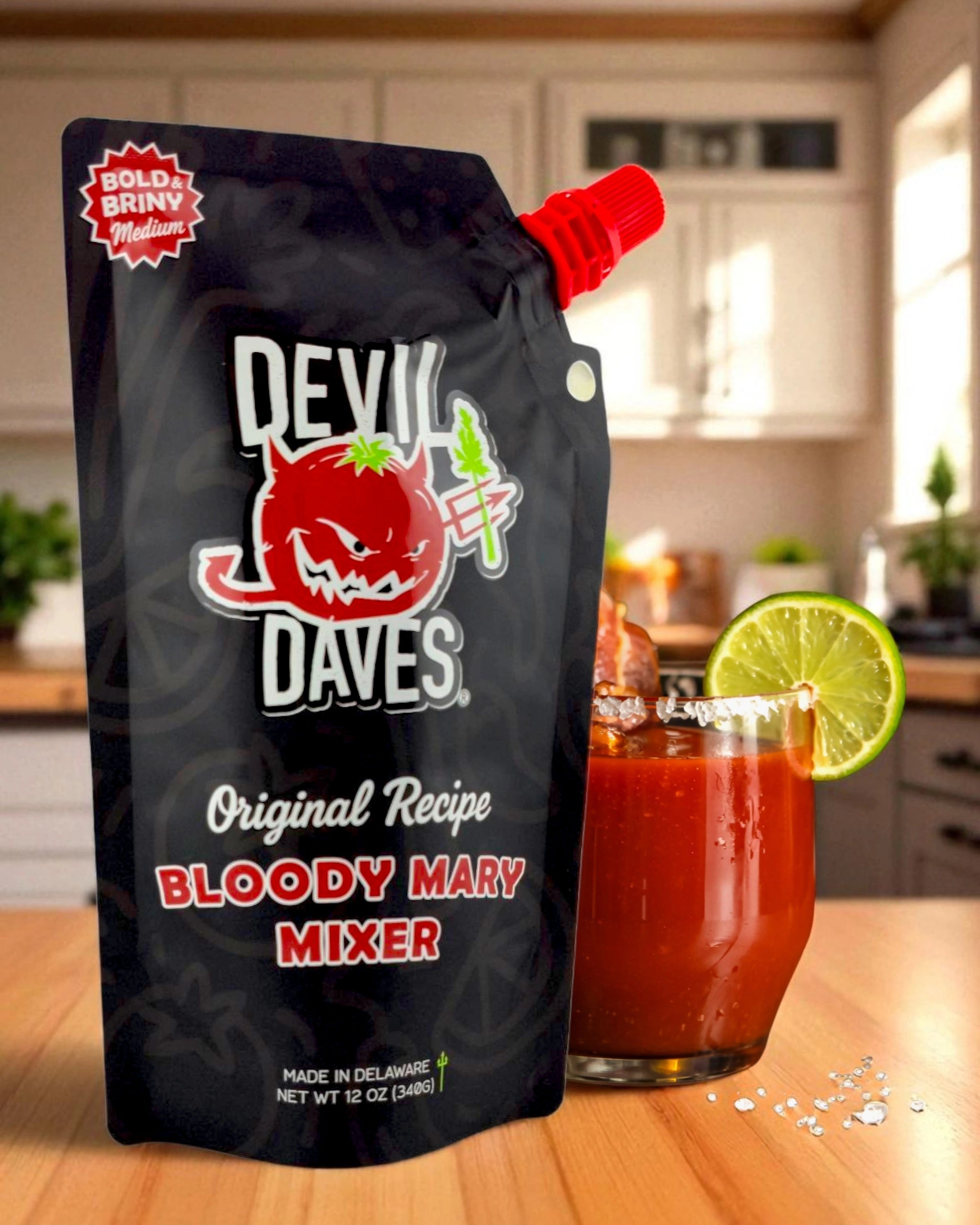 A pouch of Devil Daves Bloody Mary Mixer packaging with a glass of Bloody Mary on a kitchen counter.