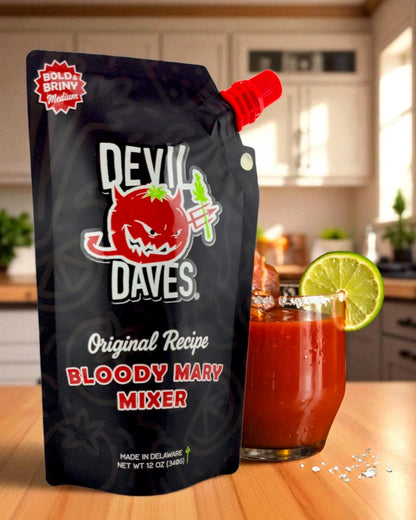 A pouch of Devil Daves Bloody Mary Mixer packaging with a glass of Bloody Mary on a kitchen counter.