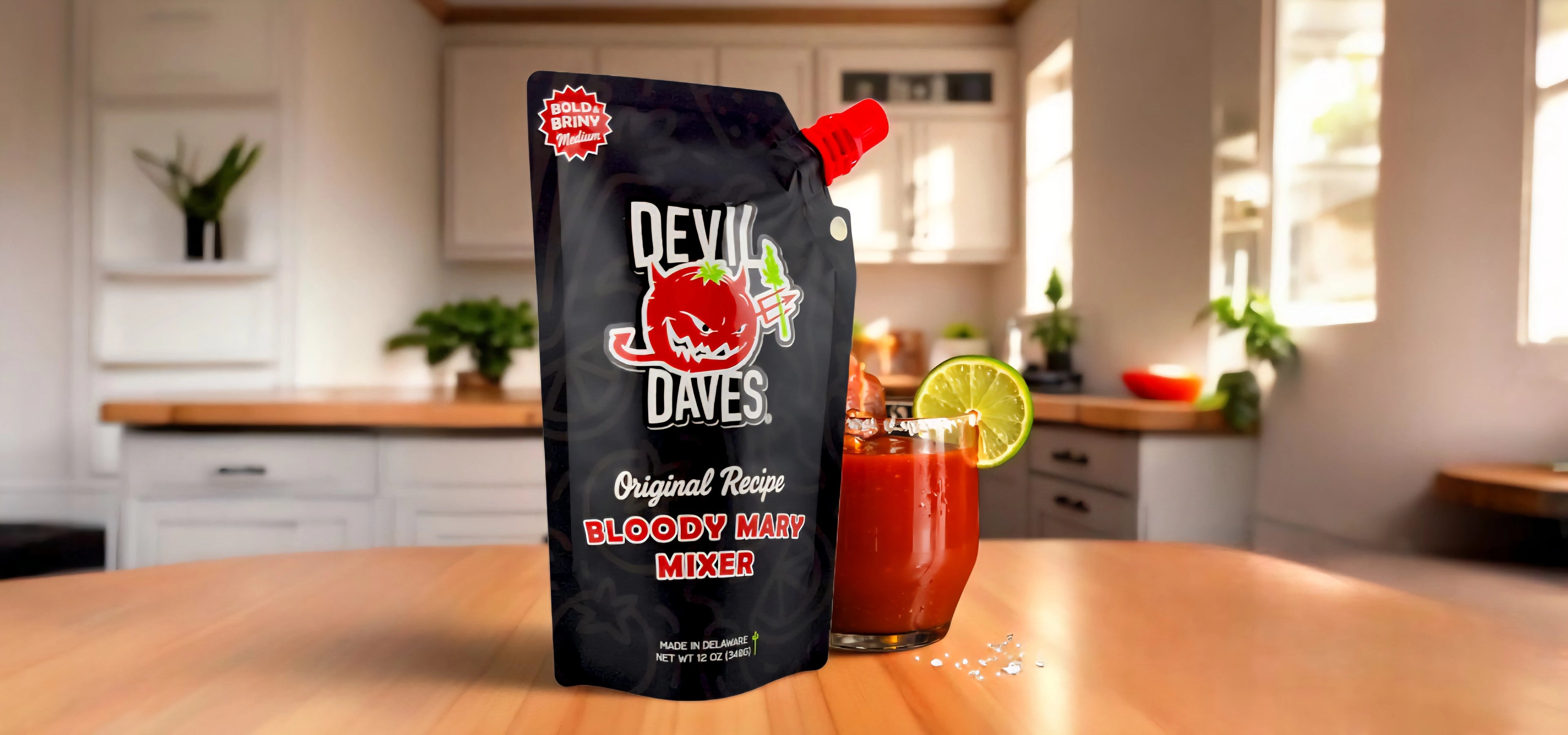 Bag of Devil Daves Bloody Mary Mixer on a kitchen counter with a cocktail in the background