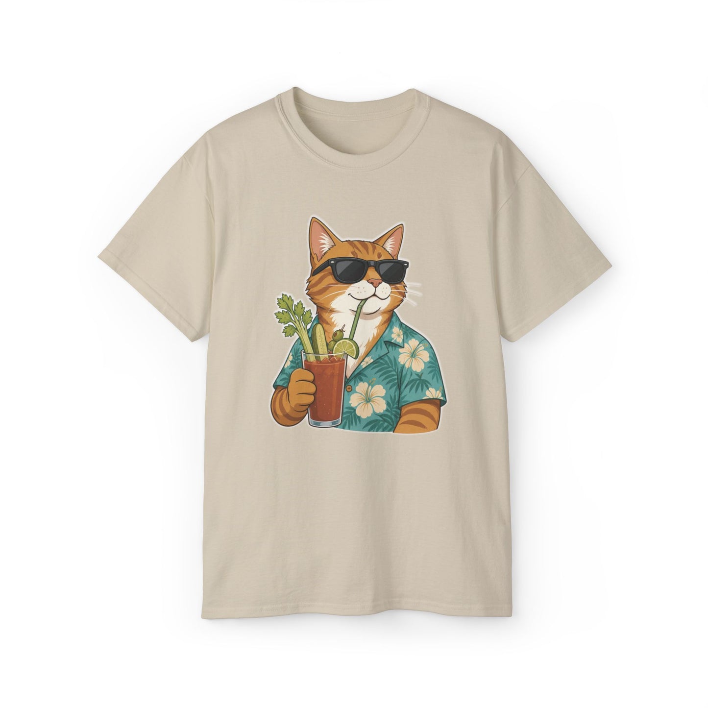 Beige t-shirt with a cat graphic holding a bloody mary on a white background