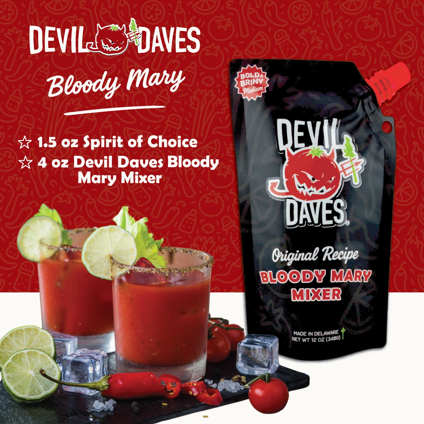recipe for Devil Daves Bloody Mary made with mixer pouch, served over ice with garnish, shown in a cocktail glass