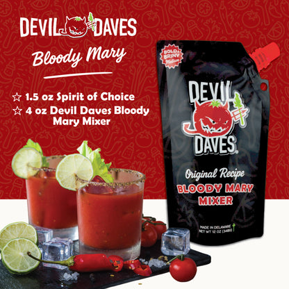 recipe for Devil Daves Bloody Mary made with mixer pouch, served over ice with garnish, shown in a cocktail glass