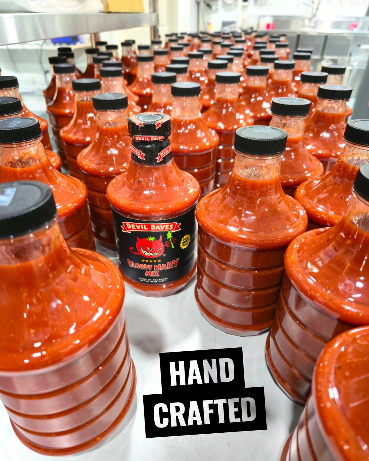 A product photo showing handcrafted Bloody Mary mix after production on the conveyor 