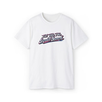 White t-shirt with colorful text design on a white background