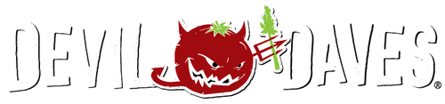 Official Devil Daves logo - tomato devil with horns and trident piercing celery stalk. horizontal style with transparent background