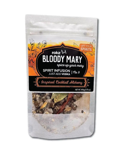 Package of rokz Bloody Mary spirit infusion with visible spices on a white background