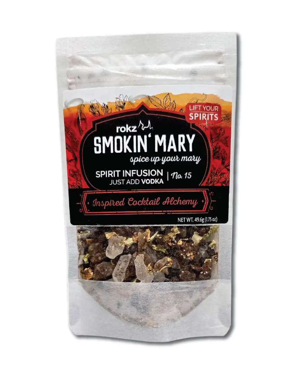 Packaged Smokin' Mary liquor infusion spice mix with visible ingredients on a white background