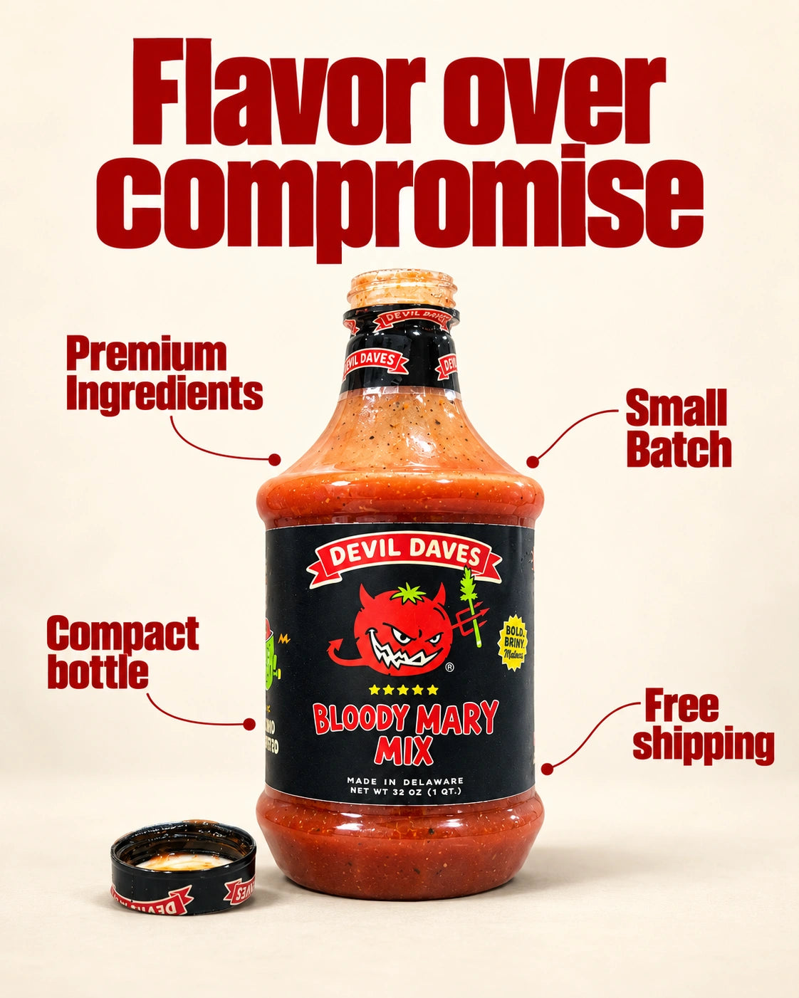 Promotional poster featuring callout descriptions for Devil Daves Bloody Mary mix 32 oz bottle