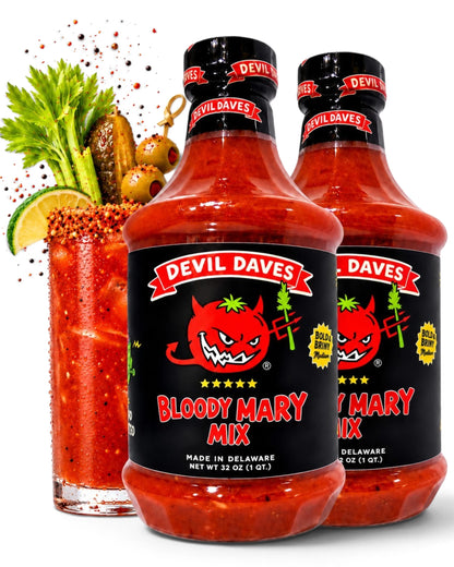 Two bottles of Bloody Mary mix made by devil Daves on white background in a promotional setting. The poster claims to have two pack of Bloody Mary mix with free shipping