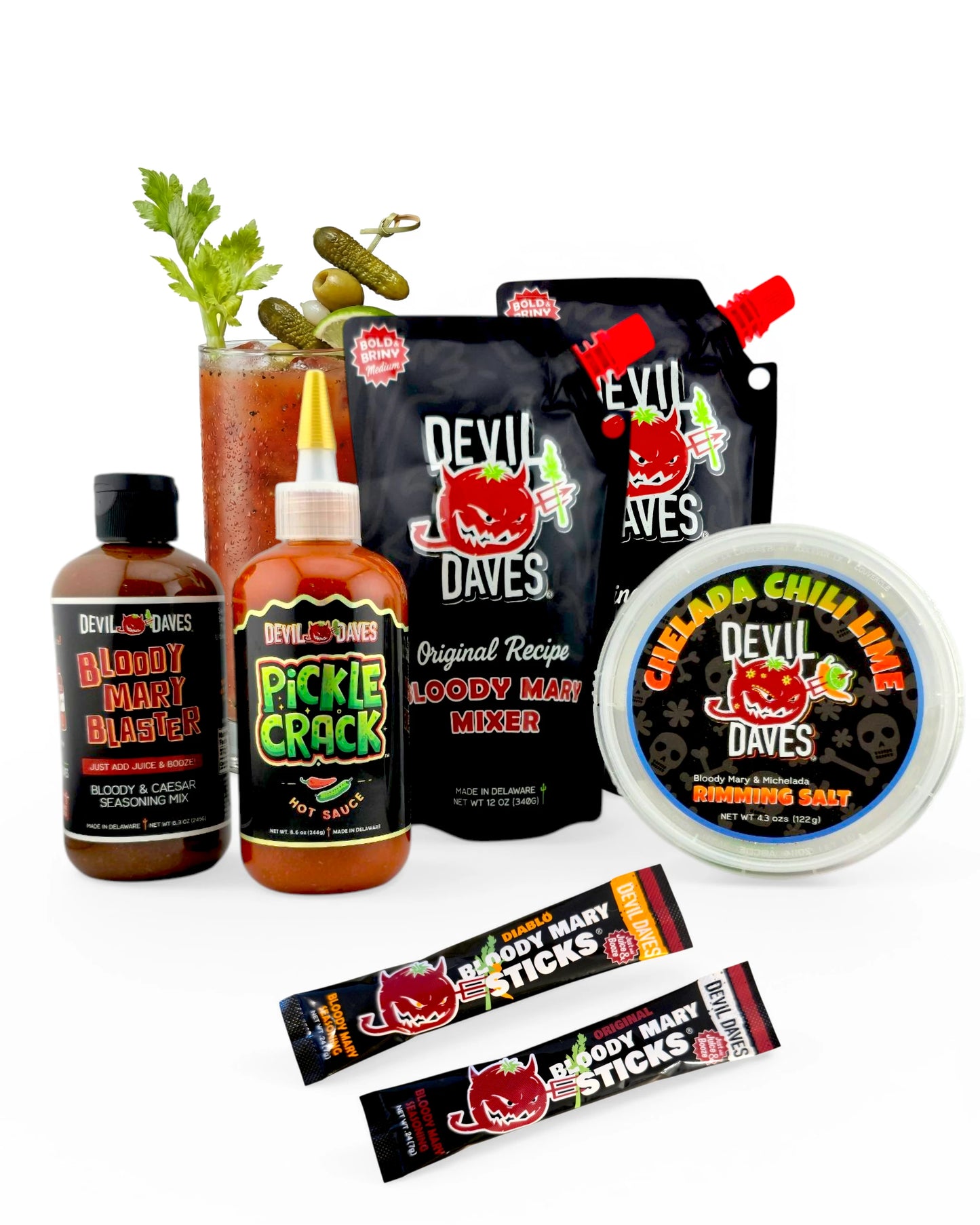 Collection of Devil Dave's Bloody Mary mix and related products on a white background - the ultimate bloody mary kit is shown