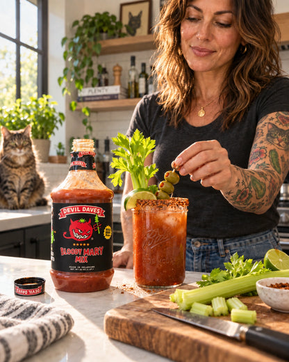 A middle-aged woman making a bloody mary cocktail with devil Daves 32 oz mix in a kitchen. The woman has arm tattoos of cats and pickles with a cat in the background. 
