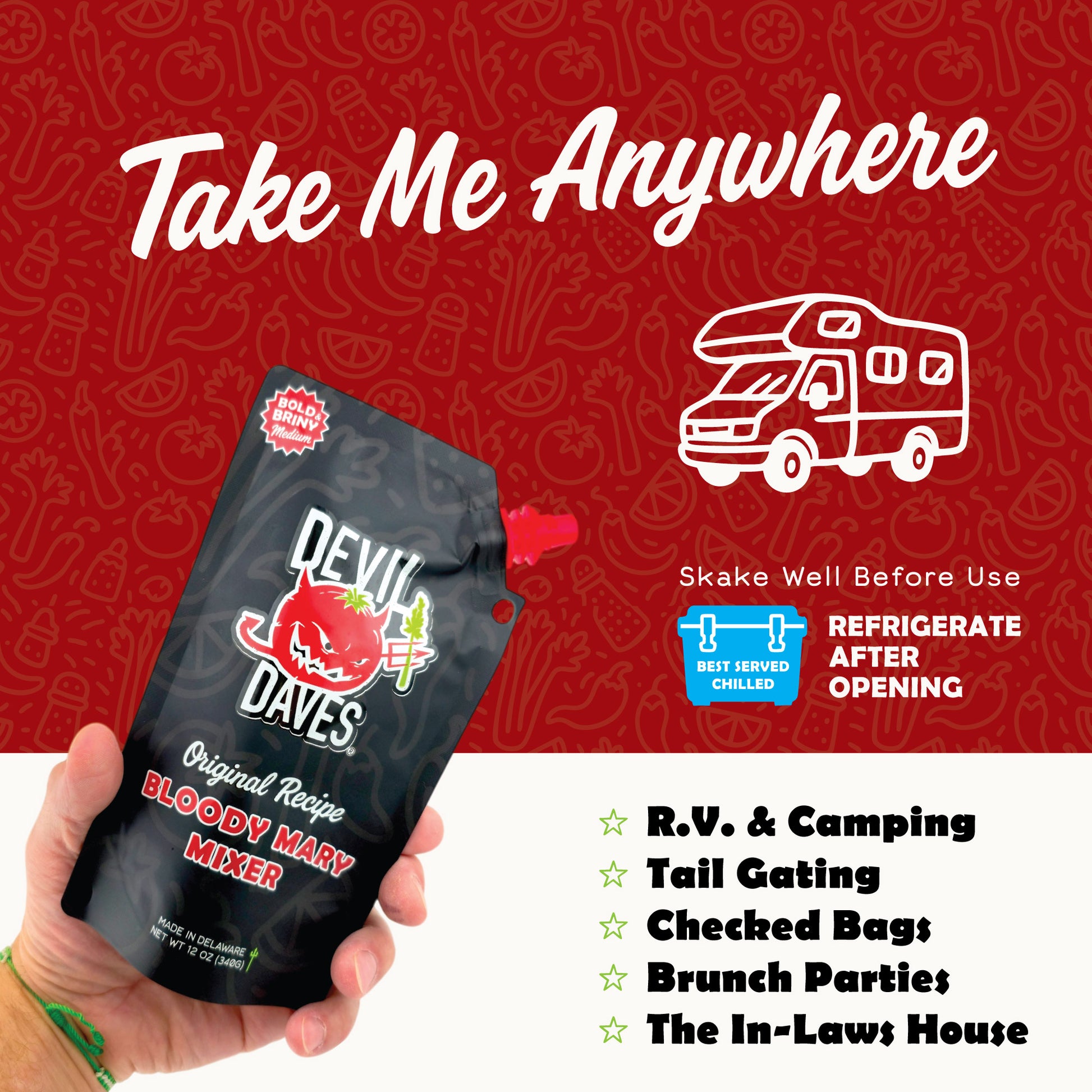 Devil Daves 12 oz Bloody Mary Mixer Pouch held in hand with travel icons and text highlighting best mix for RV use, tailgating, golf brunch, and portability