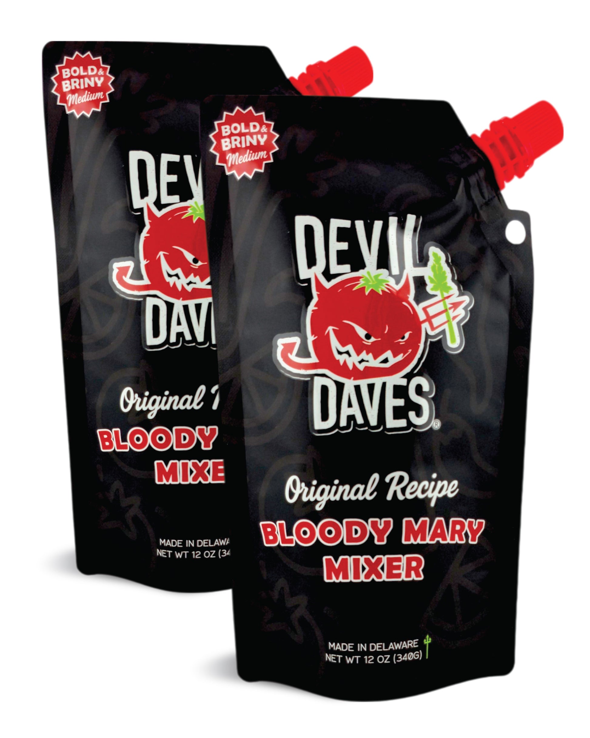 Devil Daves Bloody Mary Mixer 2 pack of 12 oz pouches with red twist caps, labeled bold and briny medium heat, perfect for brunch and travel