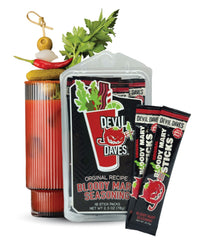 Packaging of Devil Daves Bloody Mary Seasoning Stick Packs with a display of the product, and glass of bloody mary behind it