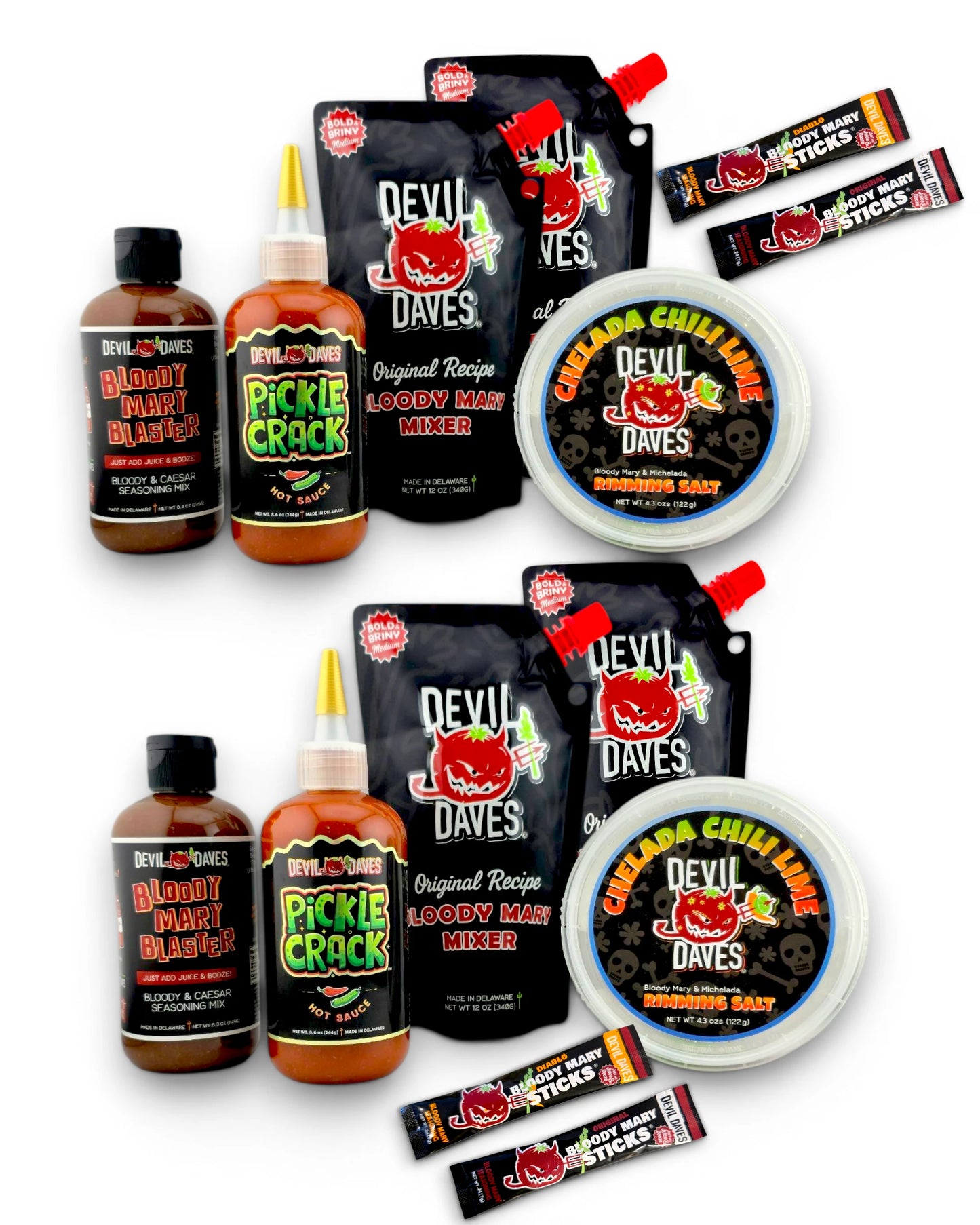 Collection of Devil Daves hot sauce products on a white background - a bloody mary bundle kit for a large party 8 or more