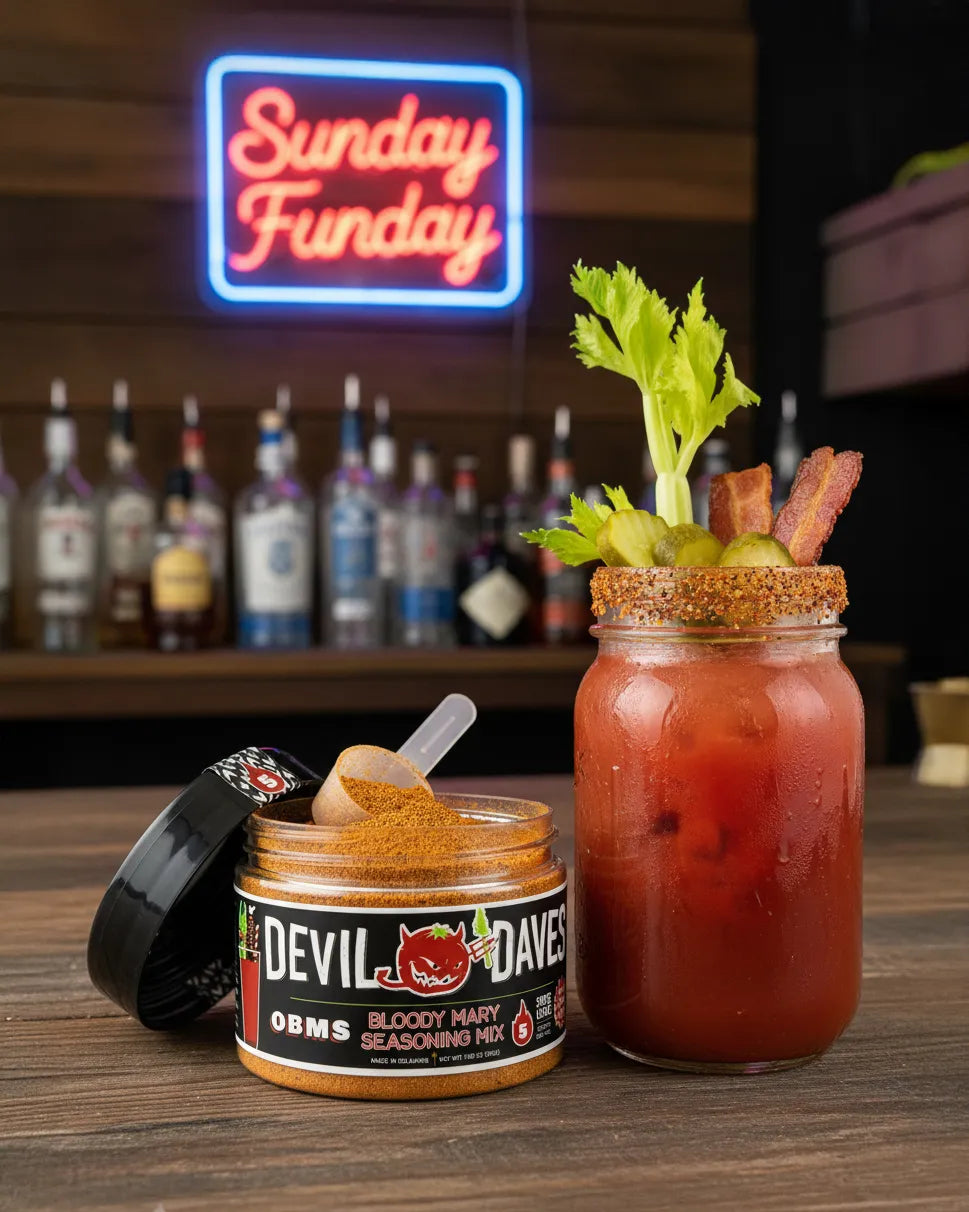 A jar of powdered Bloody Mary seasoning on a bar top next to a delicious Bloody Mary garnished heavily with Pickles