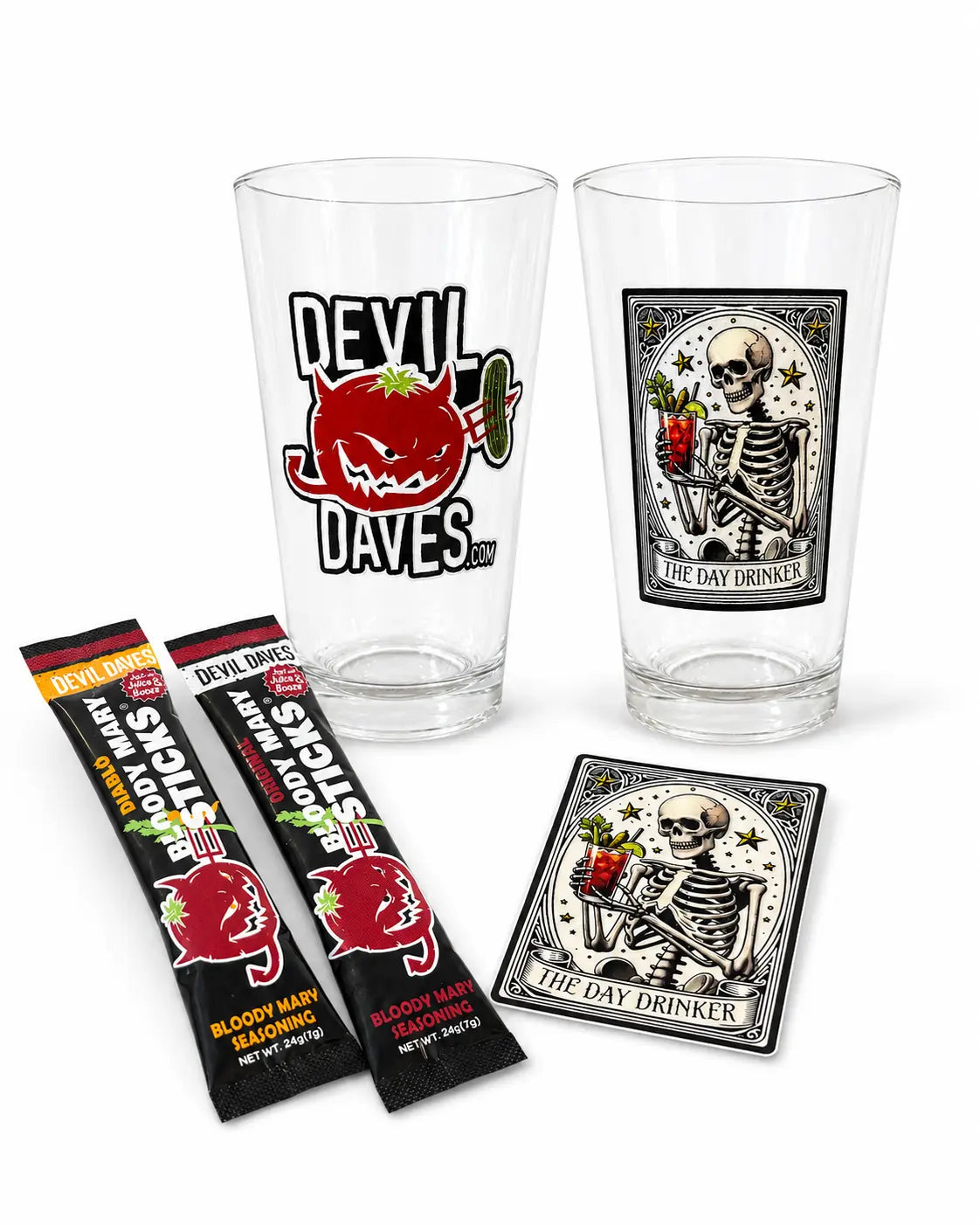 Two glass mugs with 'Devil Daves' branding, a card with a skeleton design, and two packages of 'Body Sticks' on a white background.
