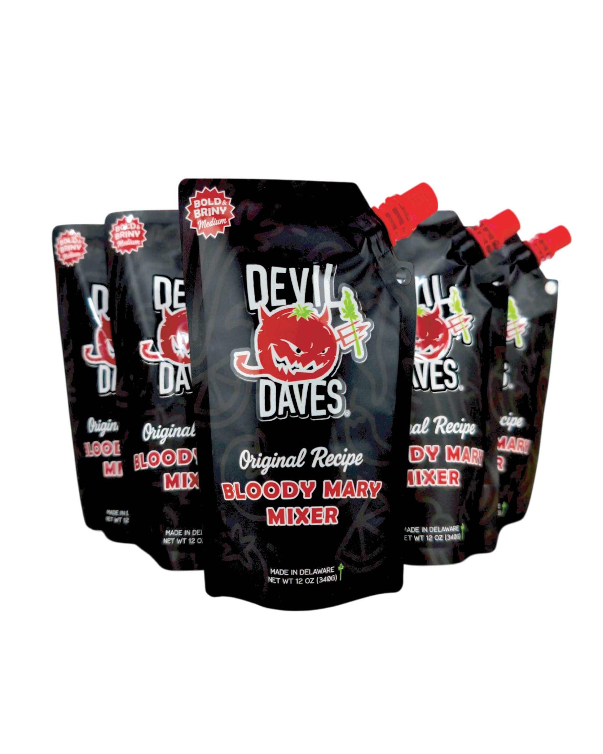 Four packages of Devil Dave's Bloody Mary Mixer on a white background