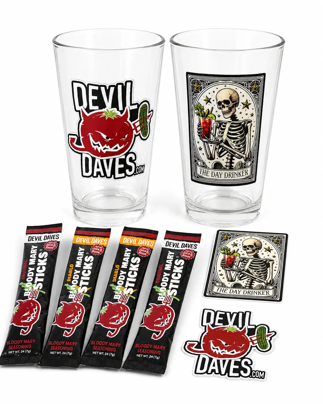 Collection of 'Devil Dave's' branded products including glasses, packets, and coasters on a white background.