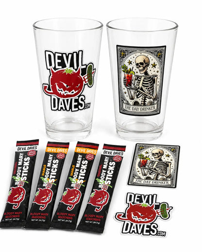 Collection of 'Devil Dave's' branded products including glasses, packets, and coasters on a white background.