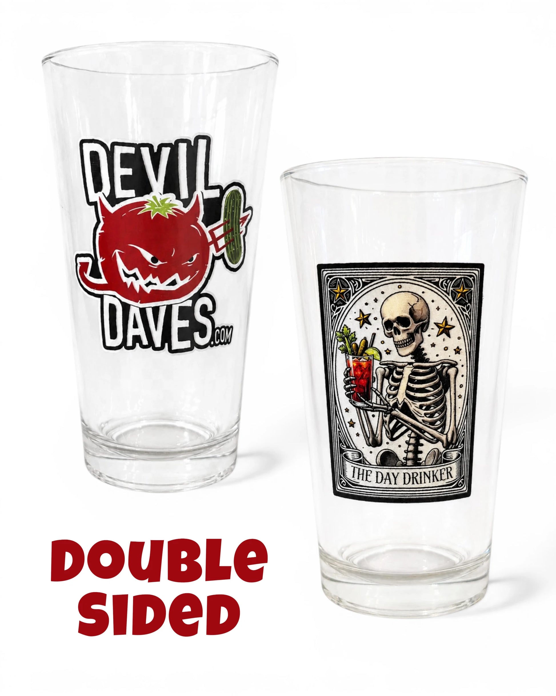 Two clear day drinker glasses with printed designs on a white background