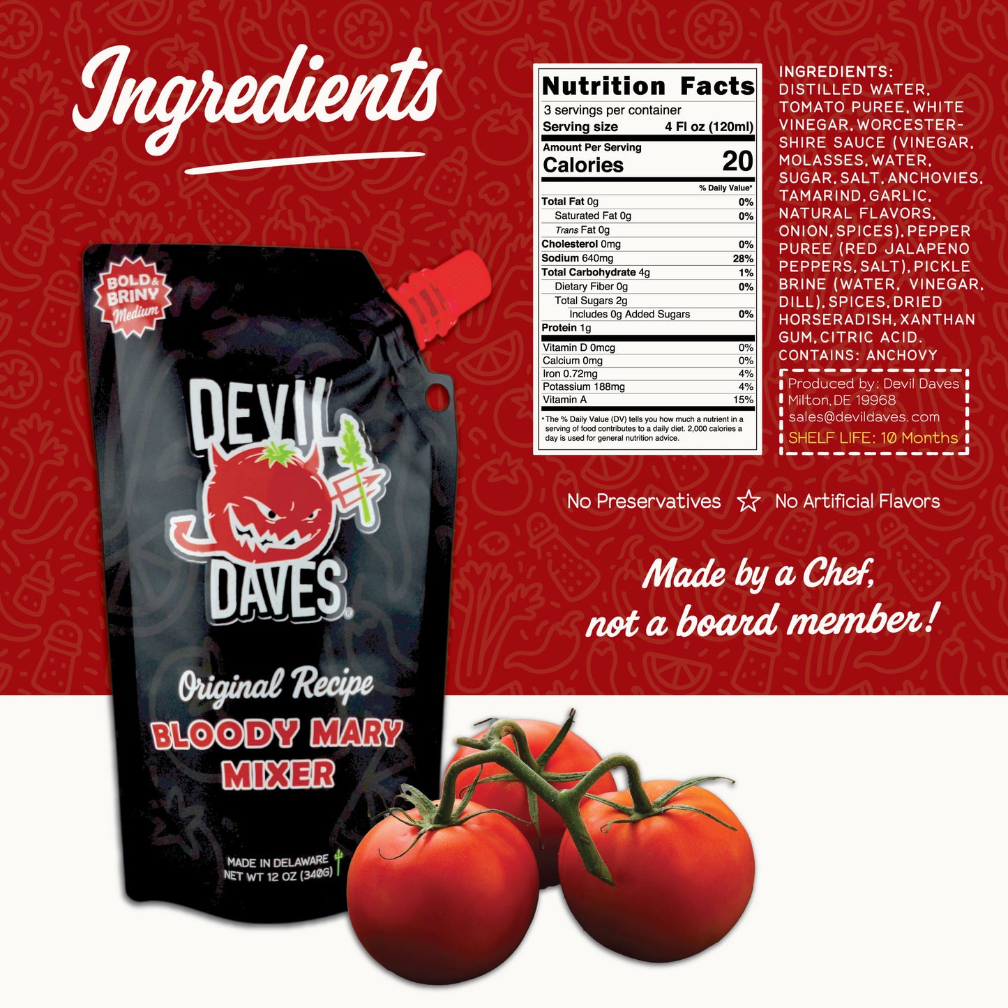 Devil Daves Bloody Mary Mixer 12 oz pouch shown with full ingredient list, nutrition facts on red background