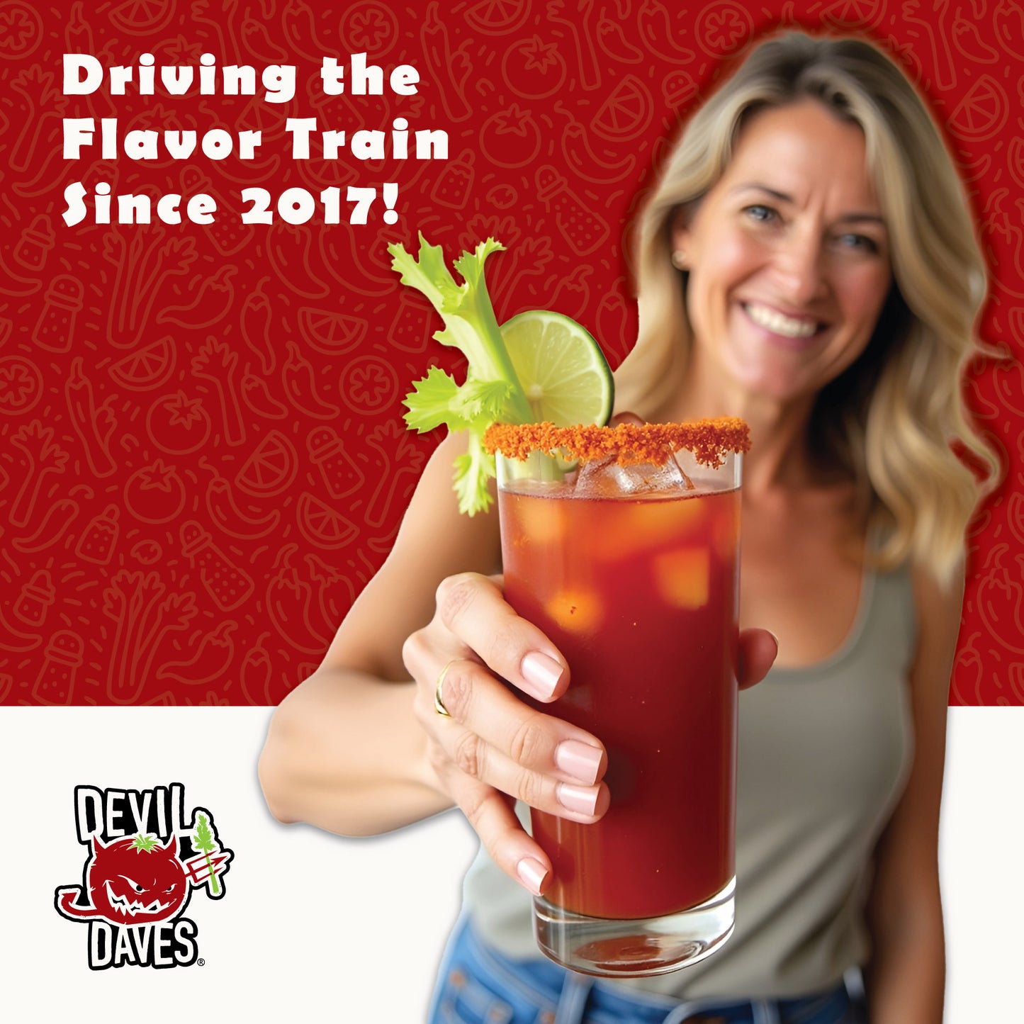 Woman holding a Bloody Mary with a red background and 'Devil Dave's' branding.