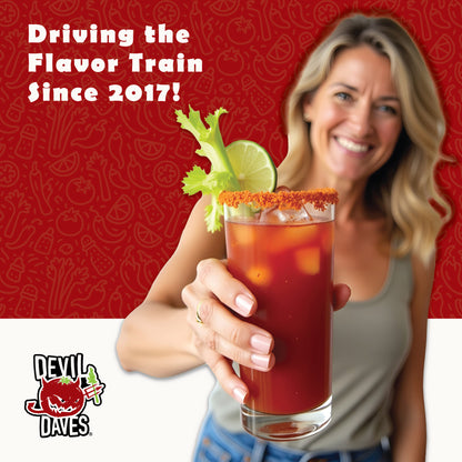 Woman holding a Bloody Mary with a red background and 'Devil Dave's' branding.