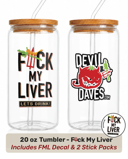 Two clear 20 oz glass tumblers with bamboo lids and straws, shown side by side on a white background. The left tumbler has a 'F*CK MY LIVER' graphic with a green and red chili pepper, and the right tumbler has a 'DEVIL DAVES .