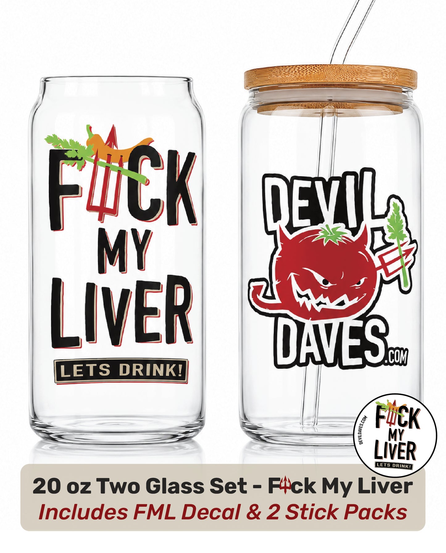 Two 20 oz clear glass can-shaped tumblers shown on a white background, one without a lid and one with a bamboo lid. Both have humorous Halloween-style graphics: black text reading 'F*CK MY LIVER' with a red/orange drink illustration on the left, and 'DEVIL DAVES.