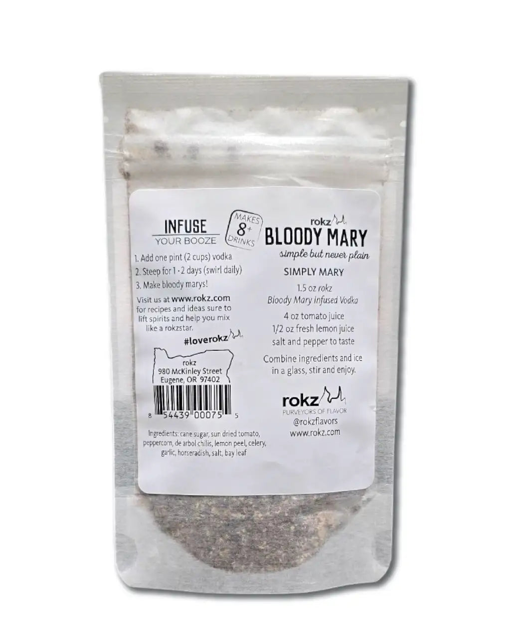 rokz bloody mary liquor infusion nutrition panel with ingredients on white background