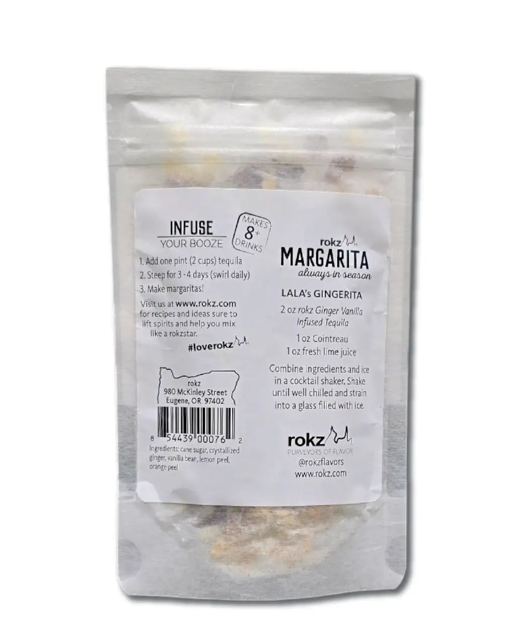rokz margarita liquor infusion nutrition panel with ingredients on white background