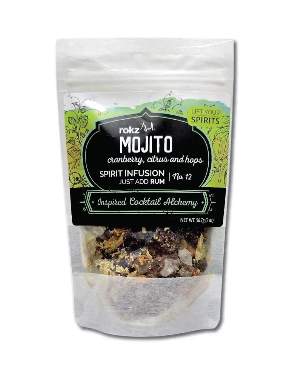 Packaged mojito spirit infusion with label on a white background