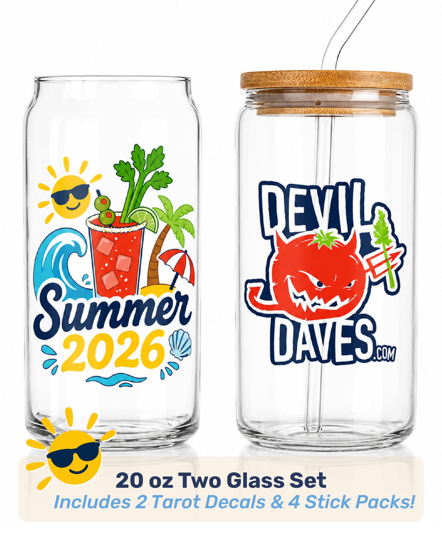 Two glass tumblers with summer-themed designs reading summer 2026 on one side and devil daves logo on the other. collectible glassware from devil daves for summer