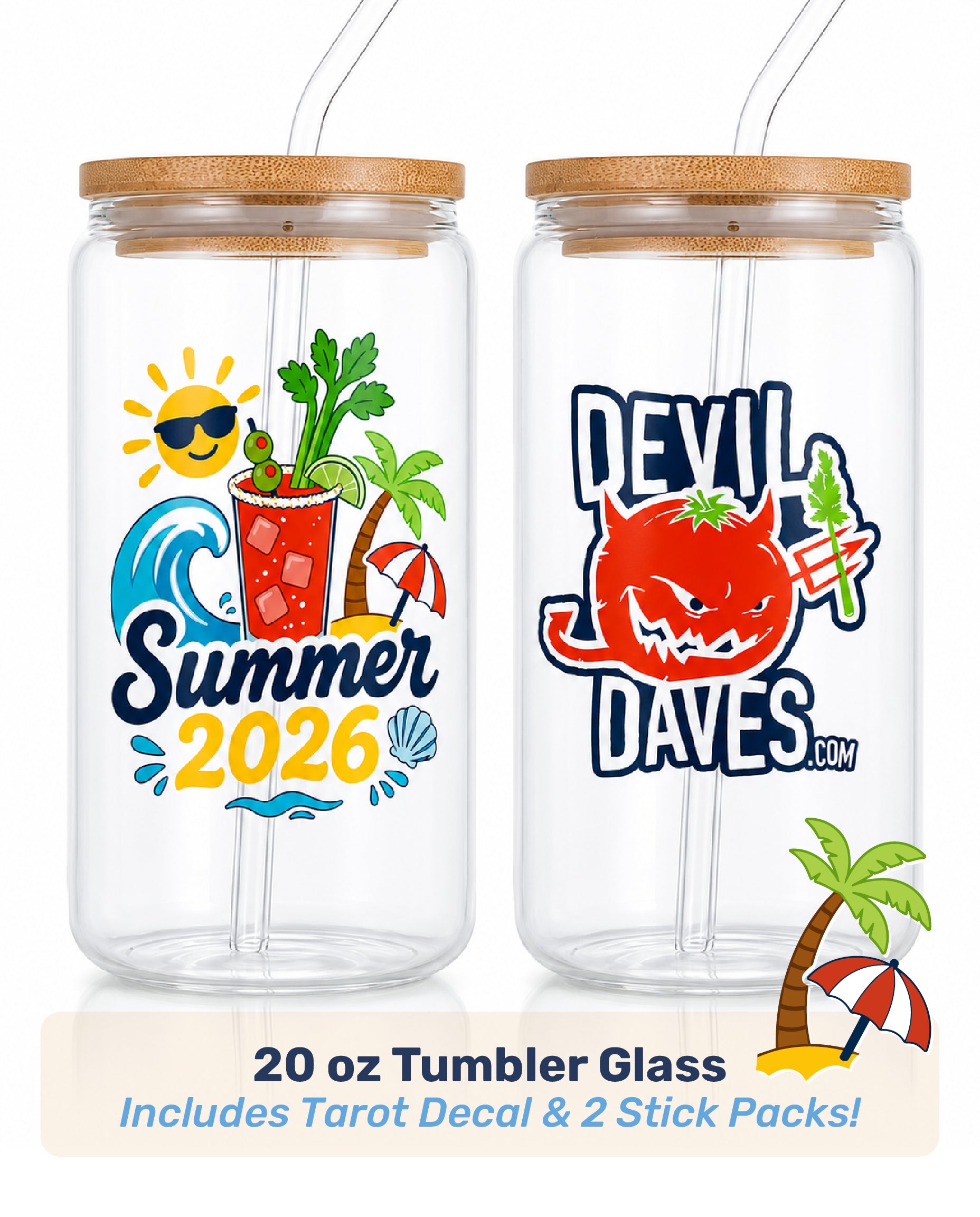 Two clear glass tumblers and lids with summer designs reading summer 2026 on one side and devil daves logo on the other. collectible glassware from devil daves for summer