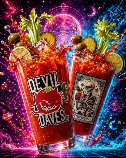 Two glasses of red Bloody Mary cocktails with 'Devil Dave's' branding on a colorful, abstract background.