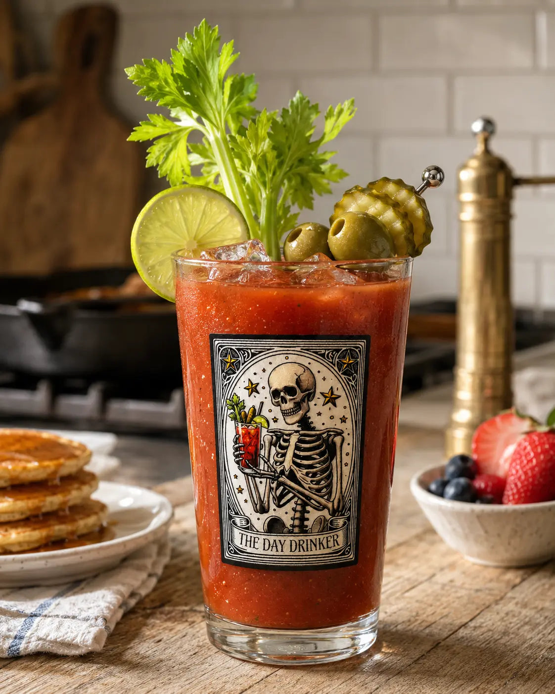 Bloody Mary cocktail with skeleton label on a wooden table