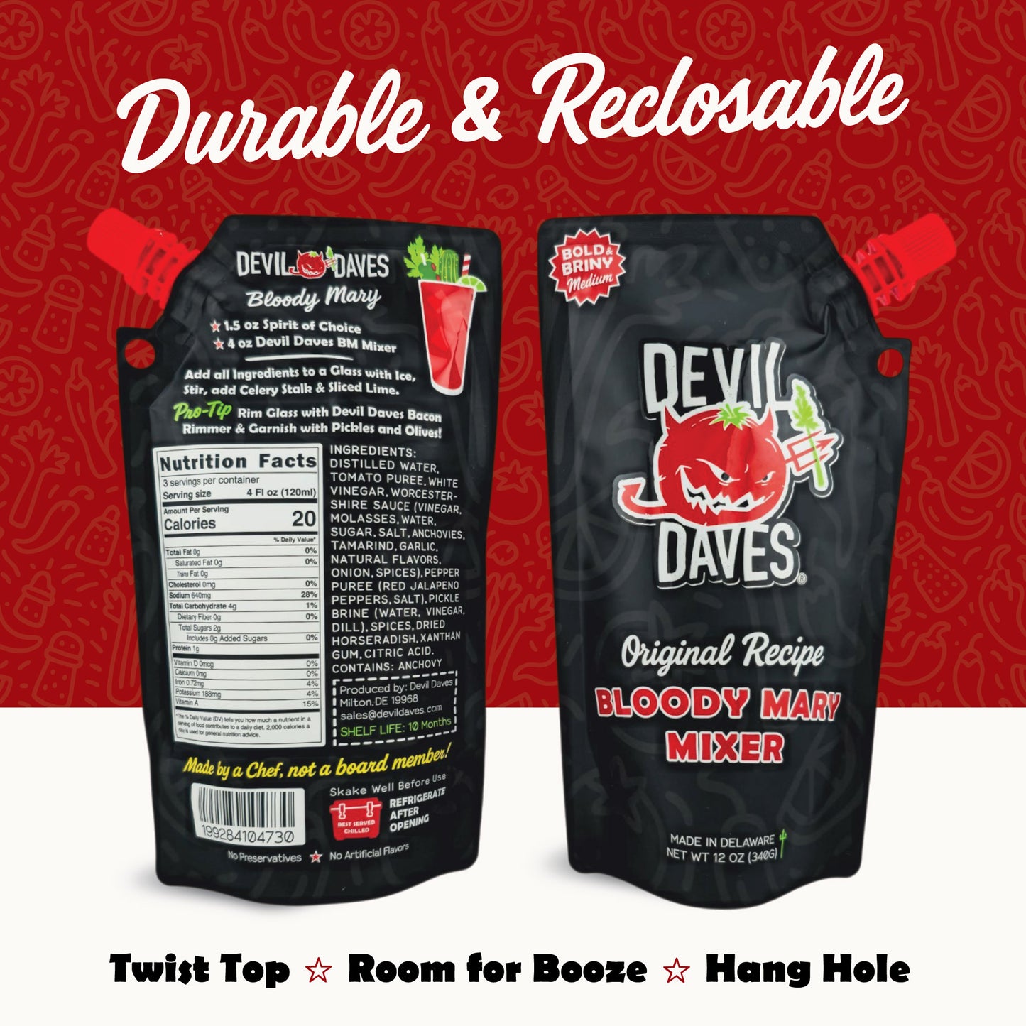 Front and back of Devil Daves 12 oz Bloody Mary Mixer Pouch with twist cap, reclosable top, and printed instructions, ideal for travel and coolers