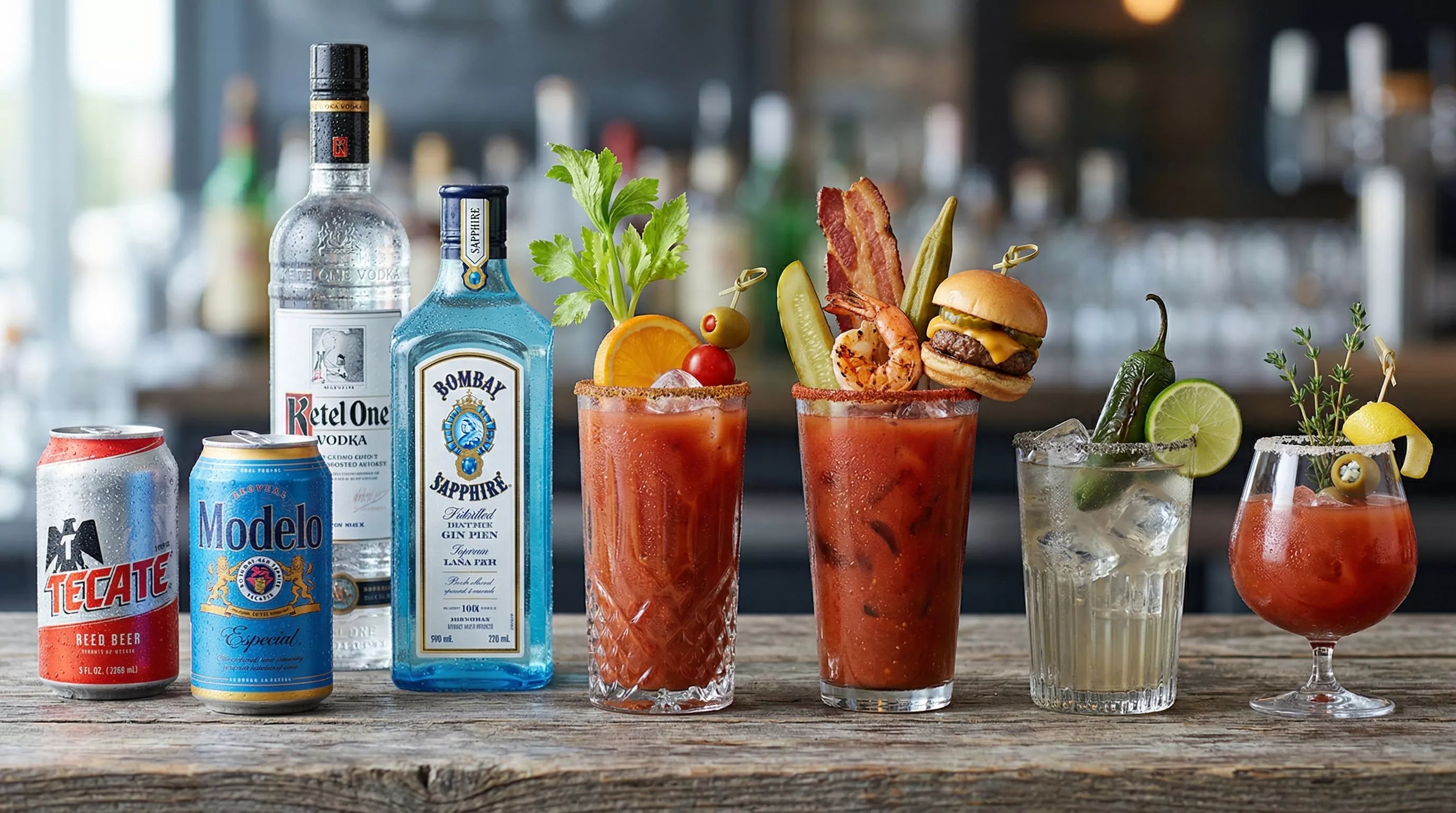 landscape banner image for blog on different types of alcohol to use with Bloody Marys. the image shows Alcohol bottles and cocktails on a wooden table with a beach background